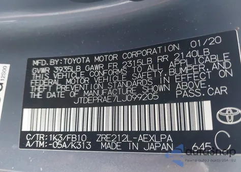 2020 Toyota Corolla Le z USA, uszkodzony, nr VIN JTDEPRAE7LJ099205
